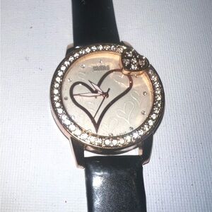 HMS Rose Gold Tone Heart Charm Rhinestone Dial Black Leather Band Watch